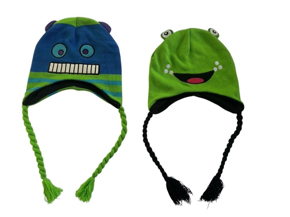 Frog Funny Monster Sweater Hat Beanie LOT Green Blue Kid Fleece Lined Cute #3631